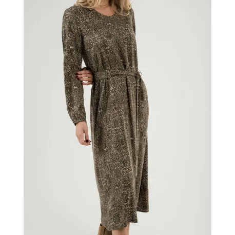 Vestido midi de manga comprida em viscose com decote em V Dalias verde caça