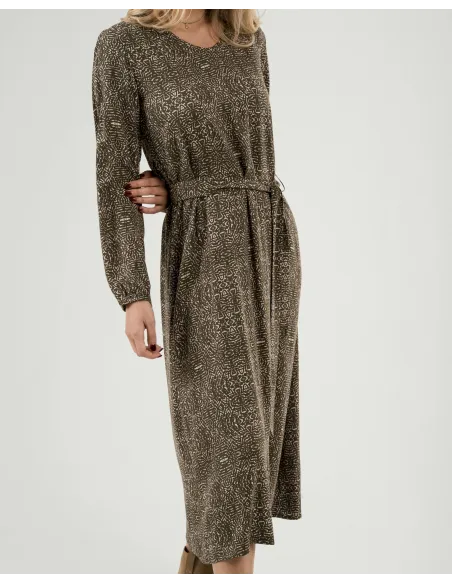 Vestido midi de manga comprida em viscose com decote em V Dalias verde caça