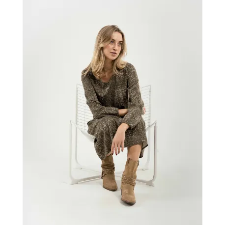 Vestido midi de manga comprida em viscose com decote em V Dalias verde caça