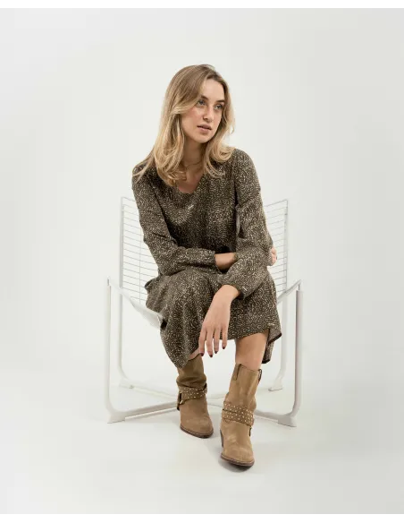 Vestido midi de manga comprida em viscose com decote em V Dalias verde caça