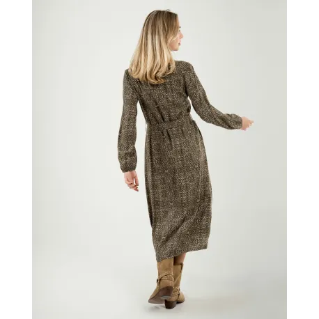 Vestido midi de manga comprida em viscose com decote em V Dalias verde caça