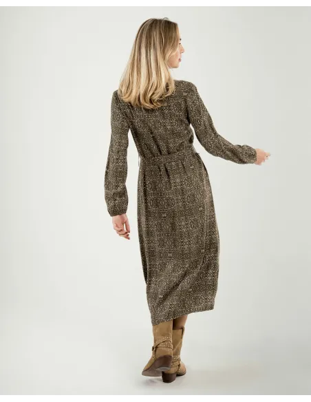 Vestido midi de manga comprida em viscose com decote em V Dalias verde caça