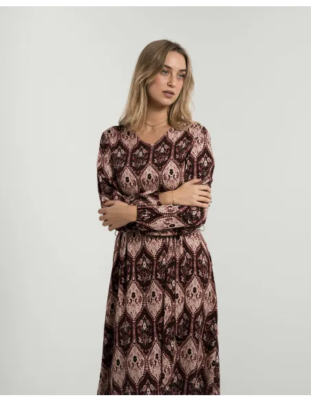 Vestido midi de manga comprida em viscose com decote em V Ceramide