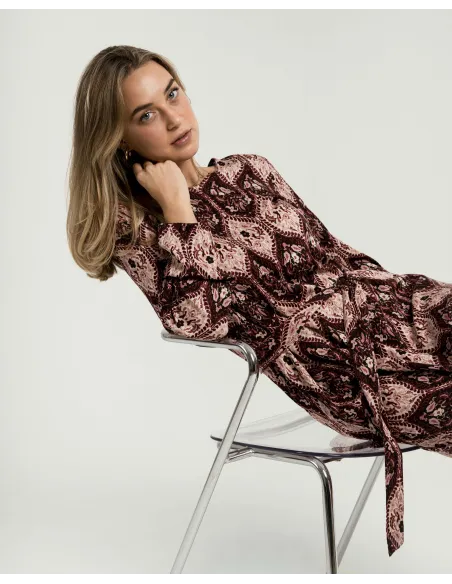 Vestido midi de manga comprida em viscose com decote em V Ceramide