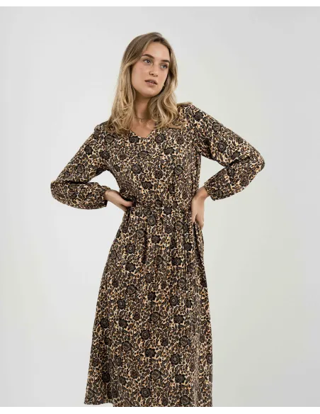 Vestido midi de manga comprida em viscose com decote em V Sophie