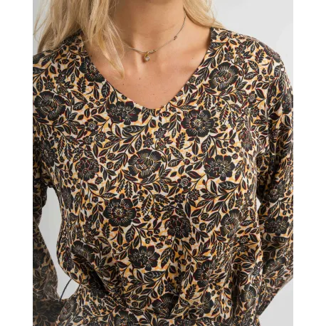 Vestido midi de manga comprida em viscose com decote em V Sophie