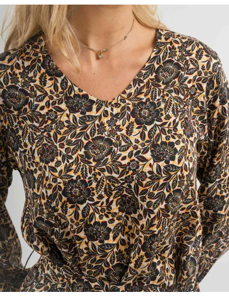 Vestido midi de manga comprida em viscose com decote em V Sophie