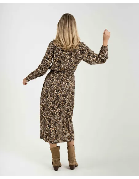 Vestido midi de manga comprida em viscose com decote em V Sophie