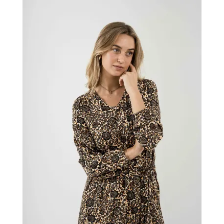 Vestido midi de manga comprida em viscose com decote em V Sophie