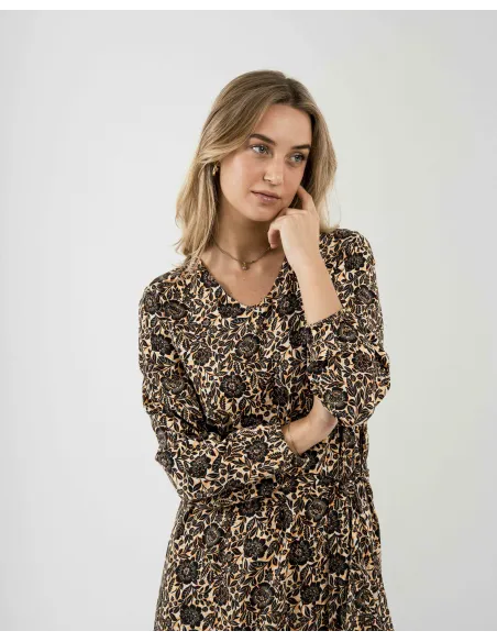 Vestido midi de manga comprida em viscose com decote em V Sophie