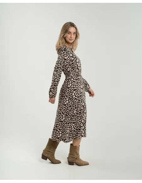 Vestido midi de manga comprida em viscose com decote em V Vitamin preto Vestido midi de manga comprida em viscose com decote em V Vitamin preto