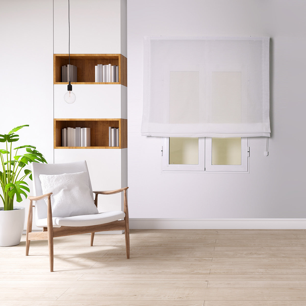 Cortina romana branca Morris com cordão