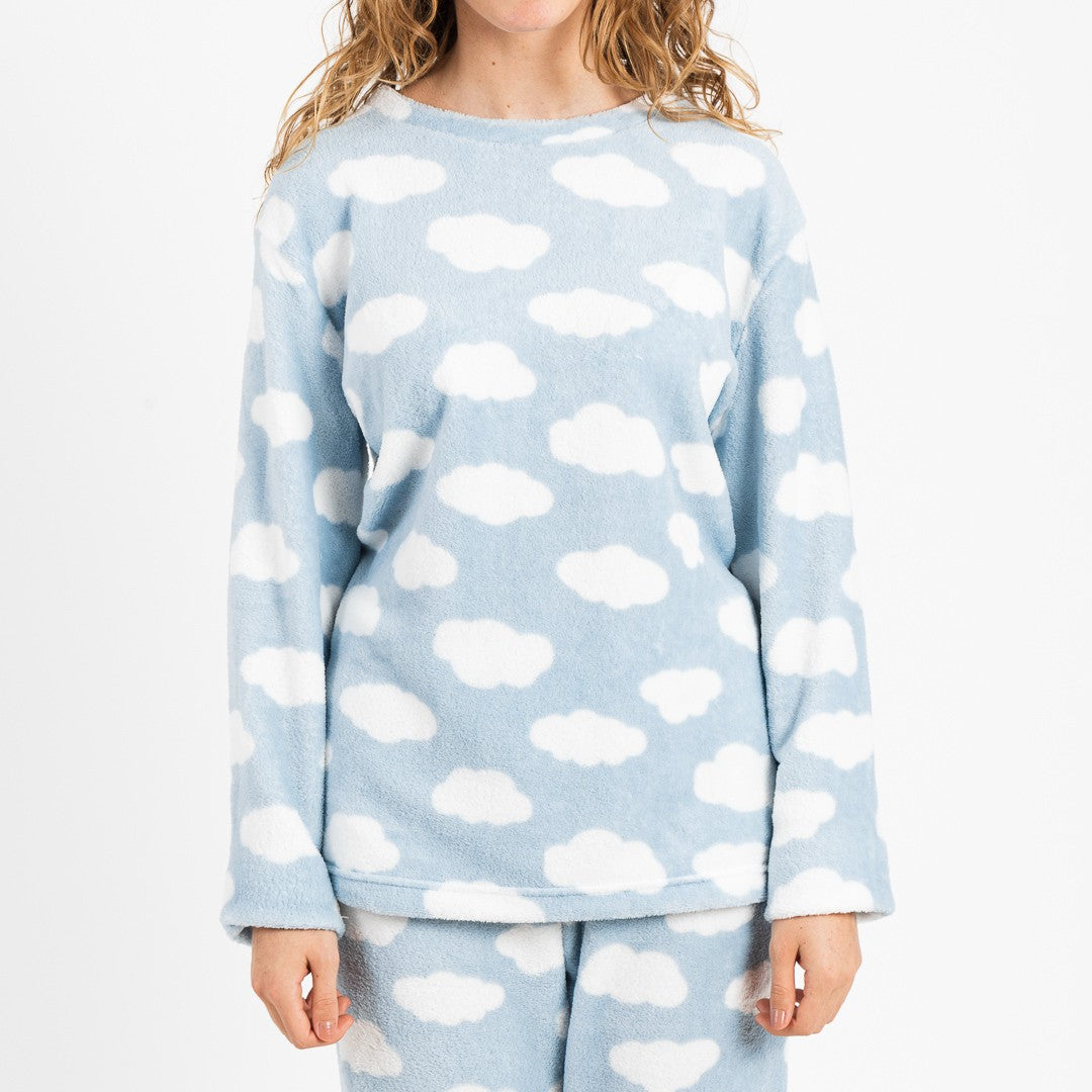 Pijama coral, nuvem azul clara