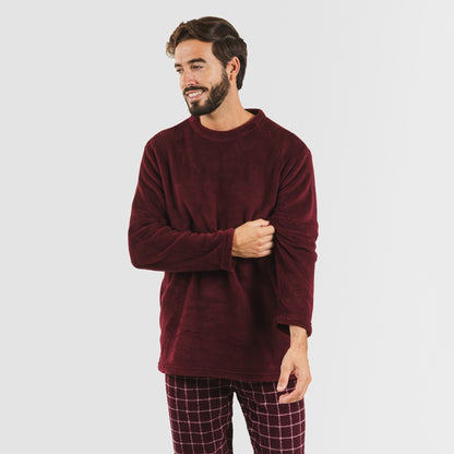 Pijama masculino de lã coral, xadrez bordô, Pruden
