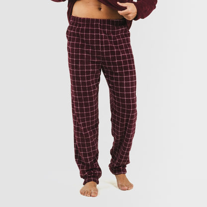 Pijama masculino de lã coral, xadrez bordô, Pruden