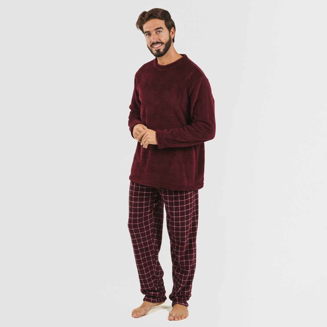 Pijama masculino de lã coral, xadrez bordô, Pruden