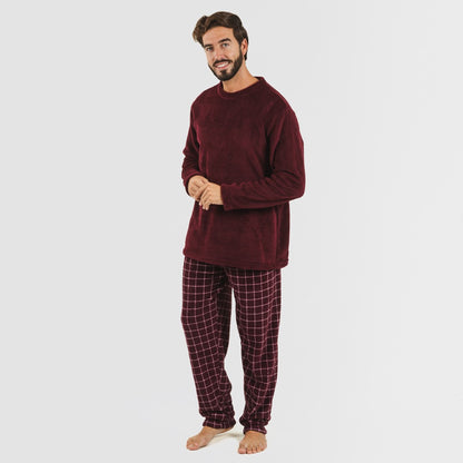 Pijama masculino de lã coral, xadrez bordô, Pruden