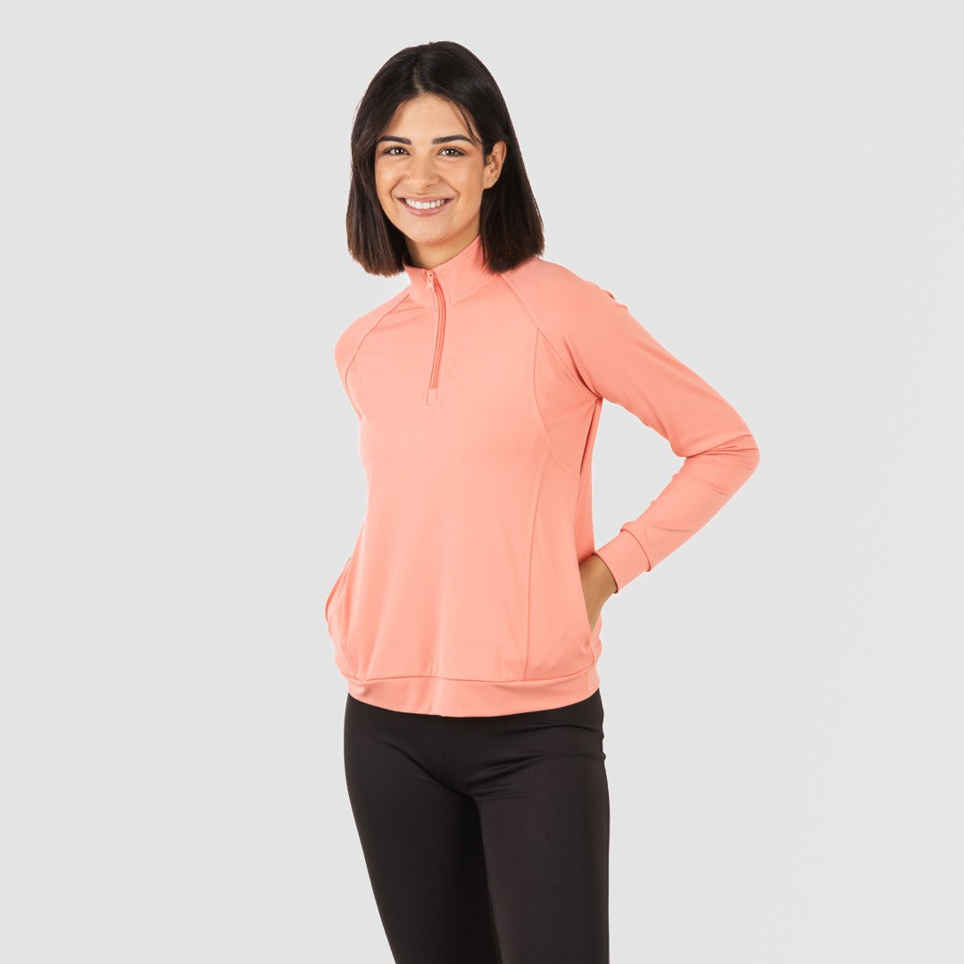 Blusa de moletom esportiva feminina laranja com zíper e bolso.