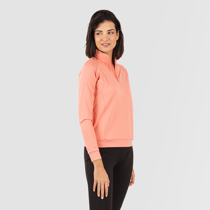 Blusa de moletom esportiva feminina laranja com zíper e bolso.