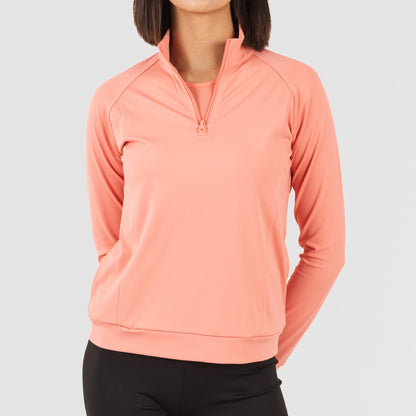 Blusa de moletom esportiva feminina laranja com zíper e bolso.