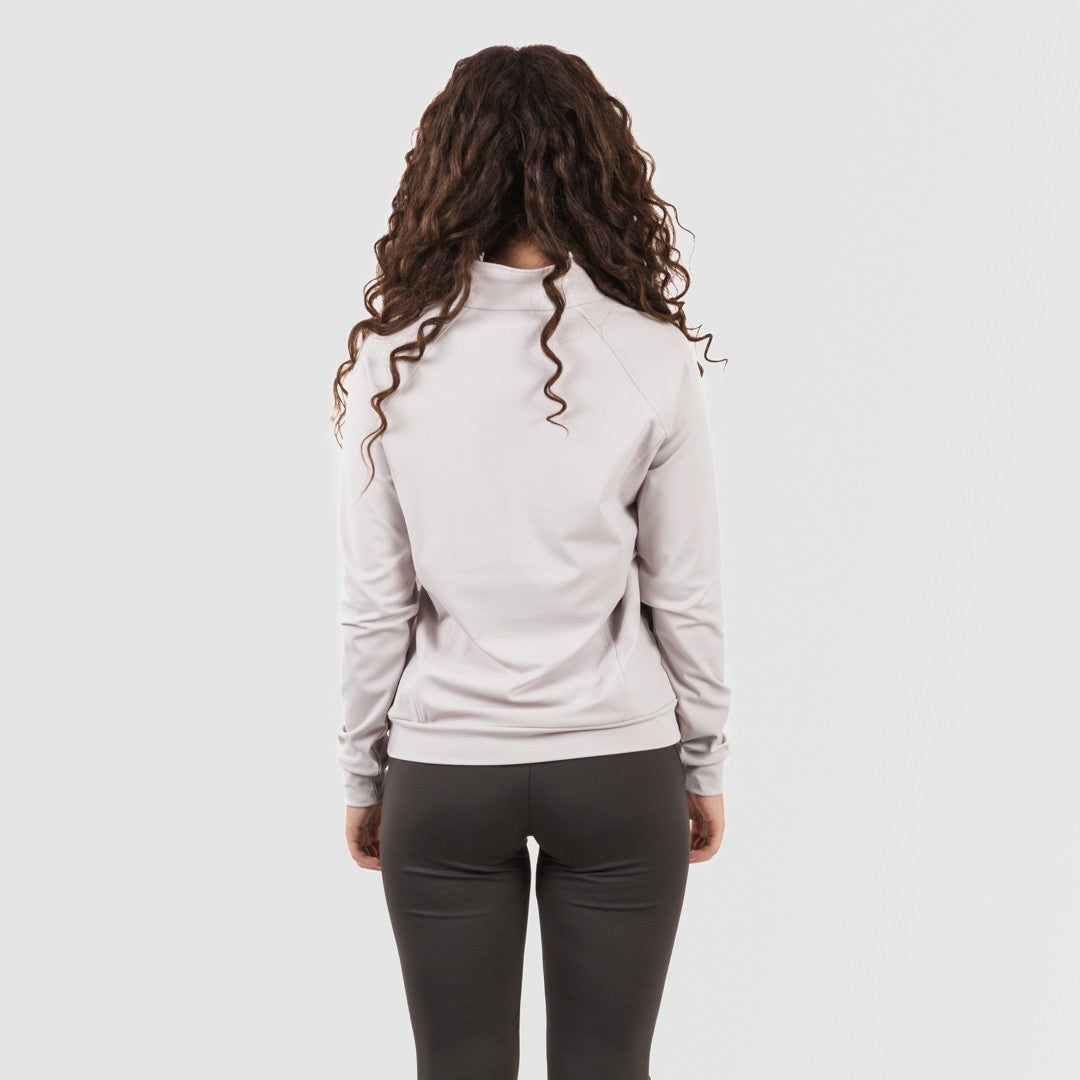 Moletom esportivo feminino com zíper e bolso de pérola.