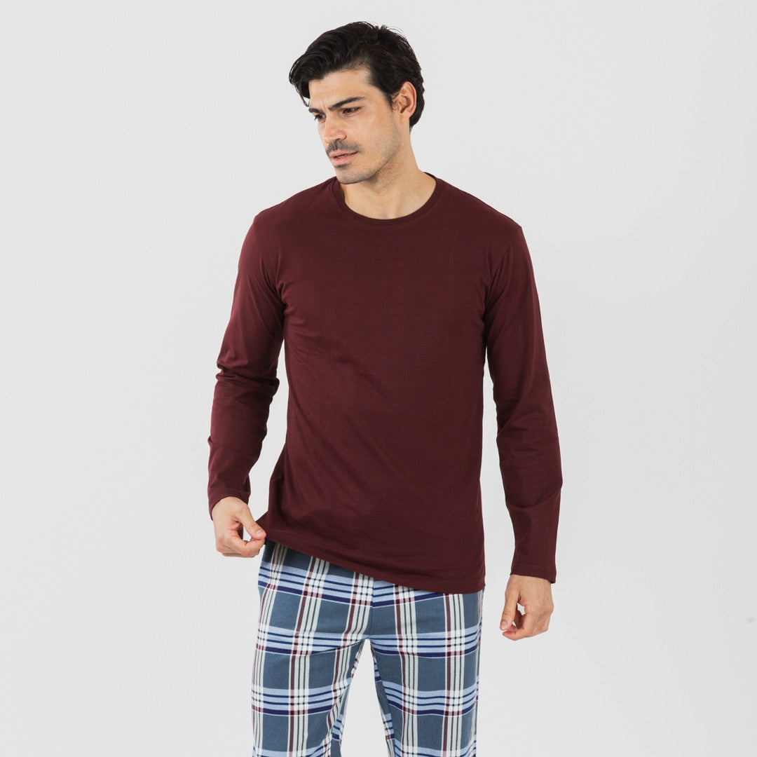 Pijama masculino de flanela, xadrez bordô Xavi
