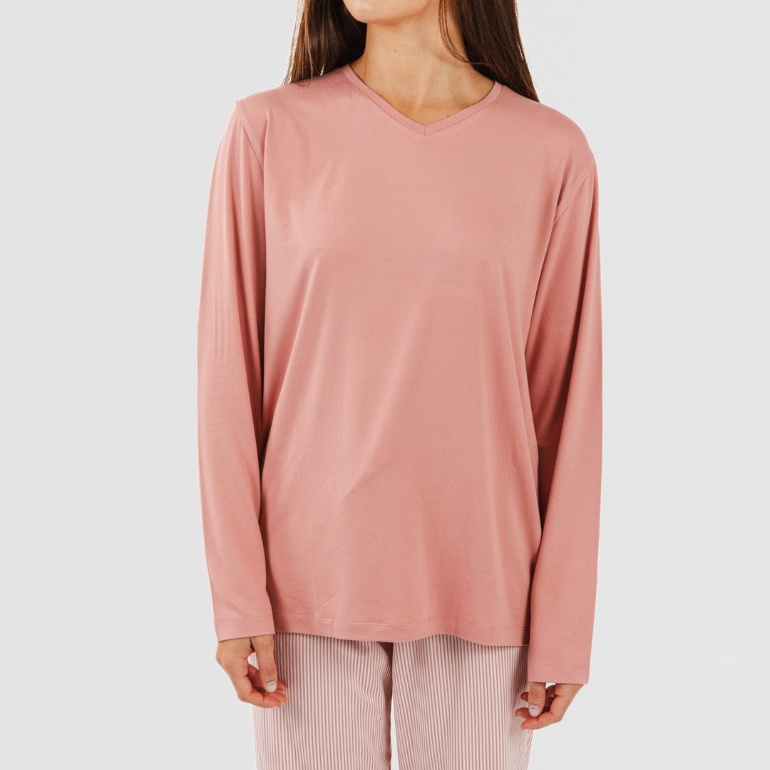 Pijama comprido feminino macio, estampa listrada Aliena Marsala.