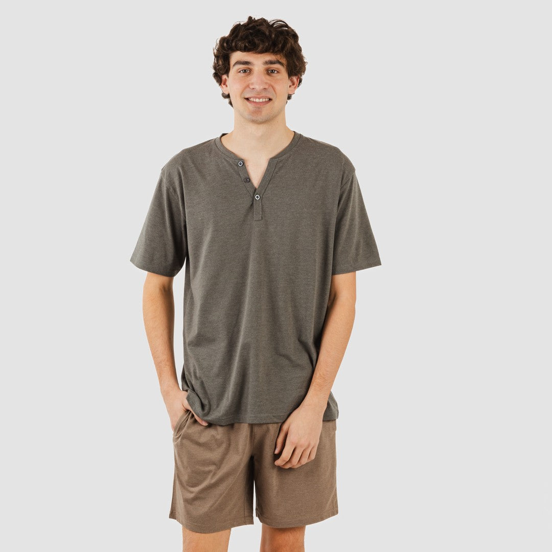 Pijama curto masculino com botões, azul petróleo - marrom