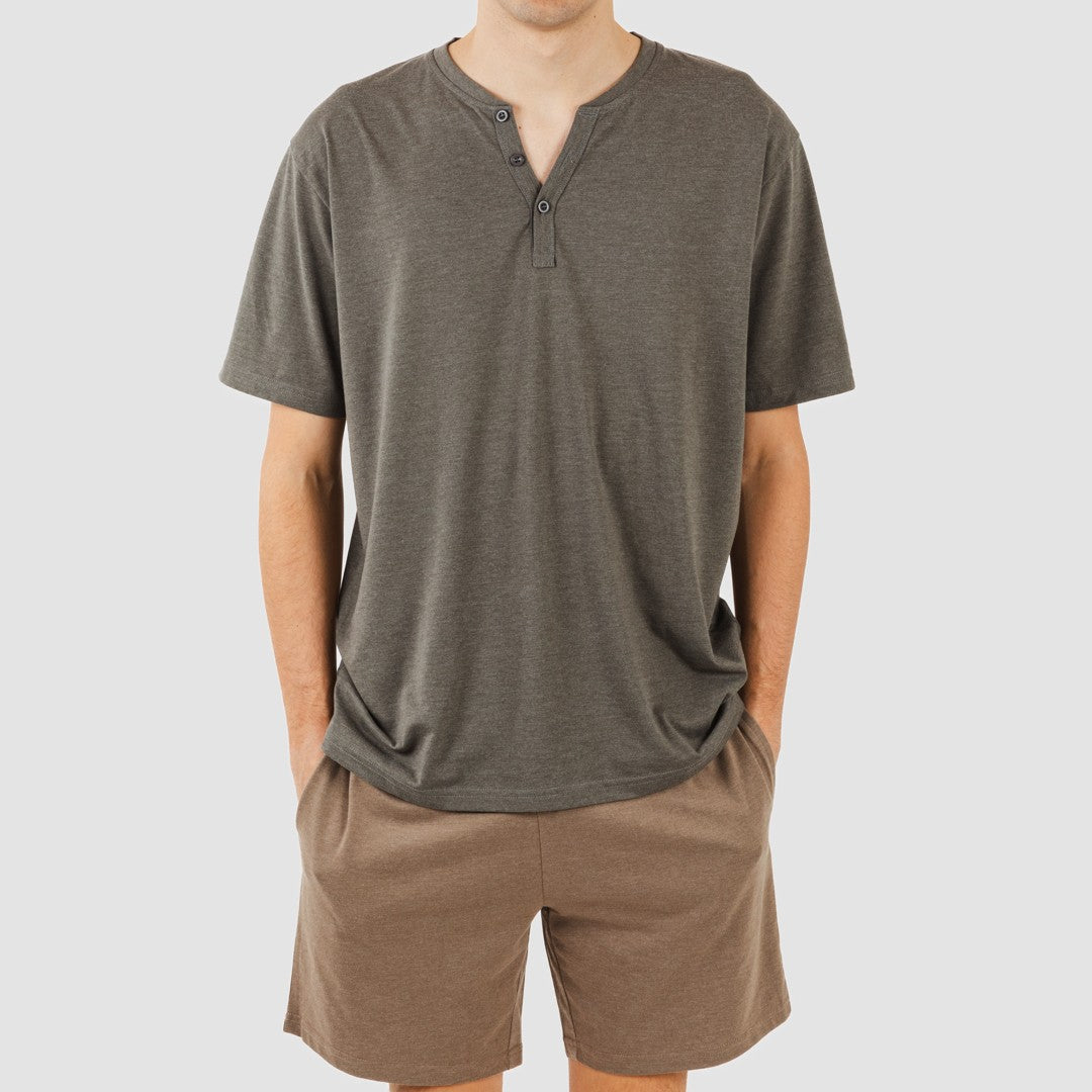 Pijama curto masculino com botões, azul petróleo - marrom