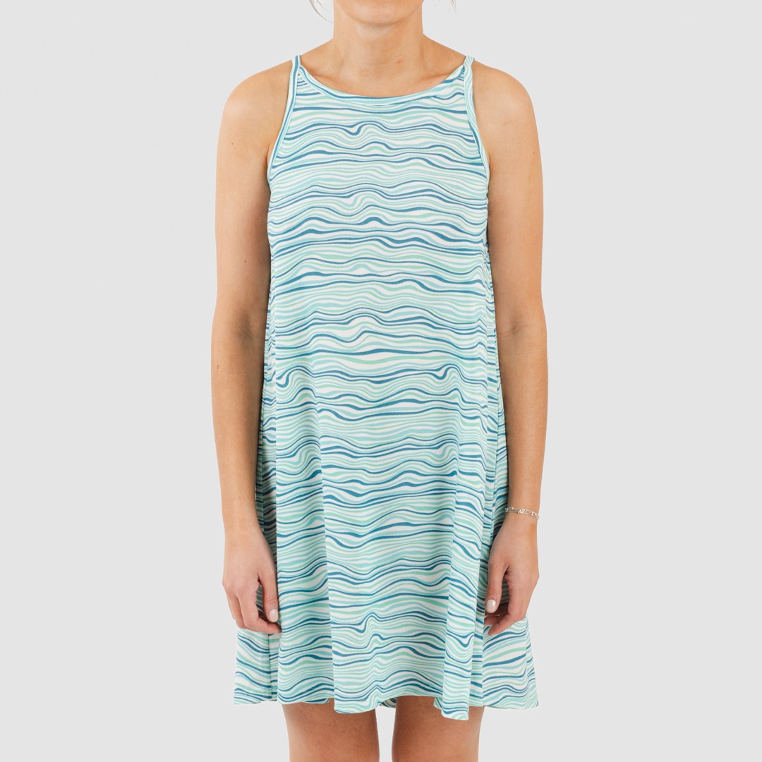 Vestido curto de crepe com alças, estampa de ondas em verde-água