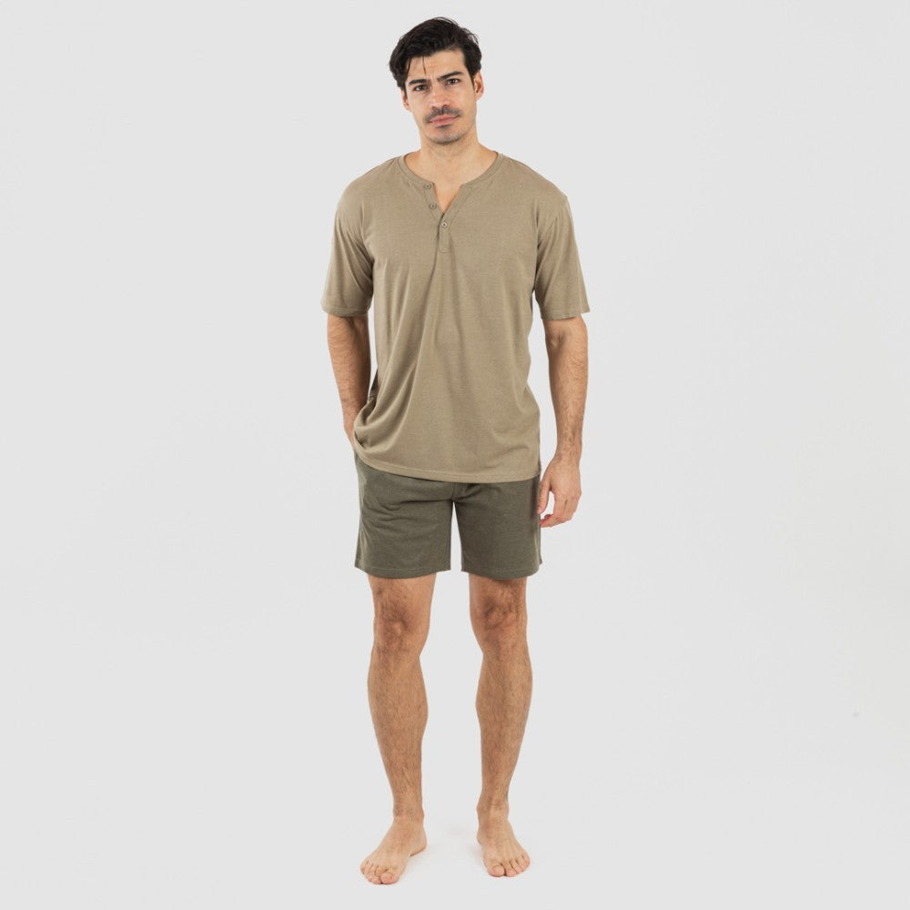Pijama masculino curto com botões, verde-caça - verde-escuro