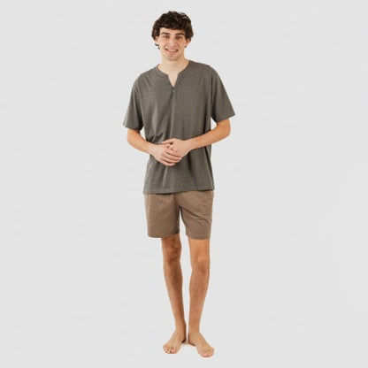 Pijama curto masculino com botões, azul petróleo - marrom