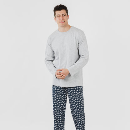 Pijama comprido masculino de algodão com estampa de polvo, cinza.