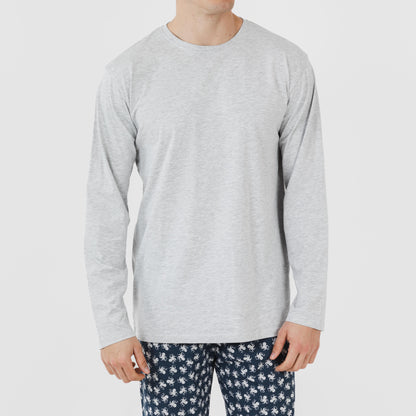 Pijama comprido masculino de algodão com estampa de polvo, cinza.