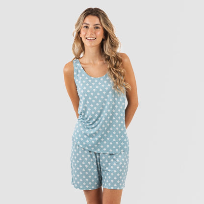 Pijama feminino de verão em viscose índigo com alças finas.
