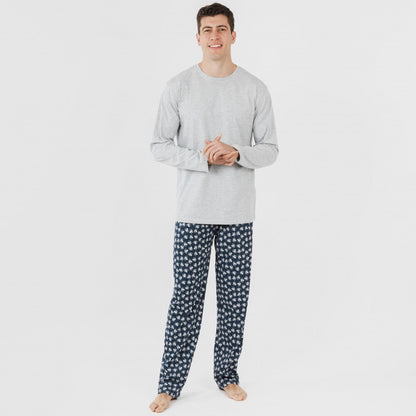 Pijama comprido masculino de algodão com estampa de polvo, cinza.
