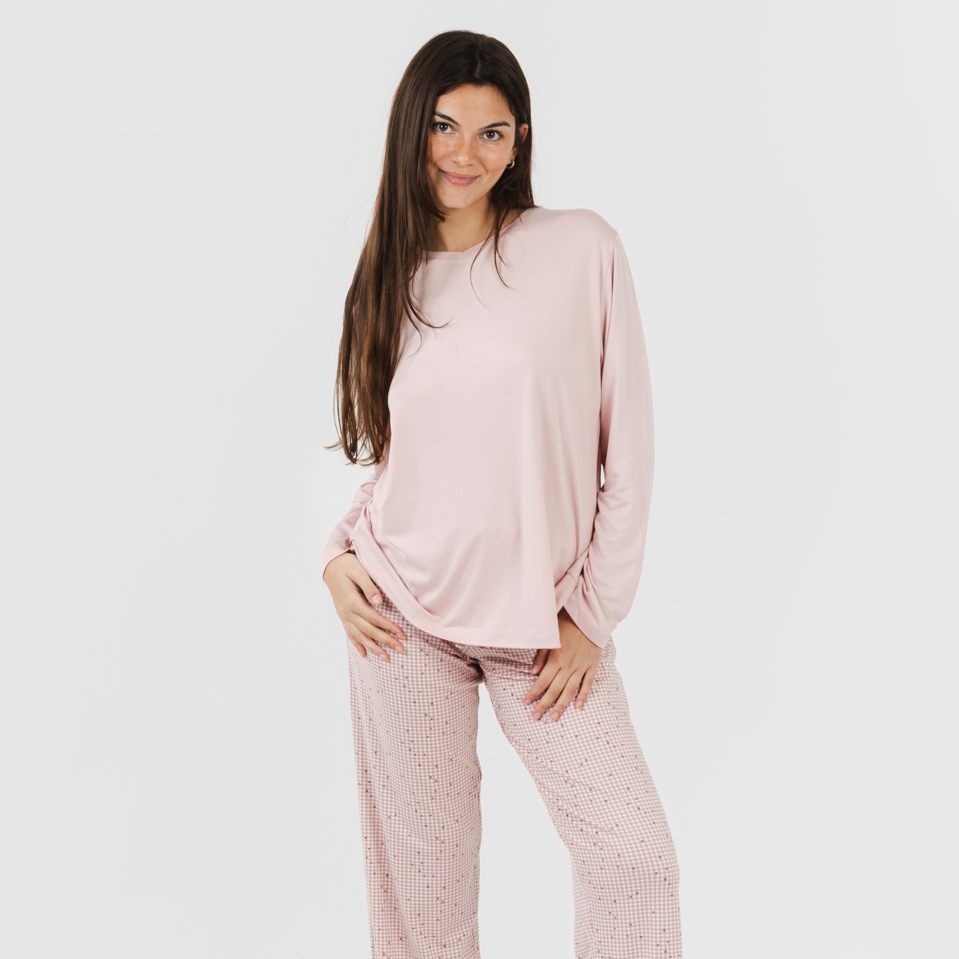 Pijama comprido feminino macio, cor rosa claro Maya