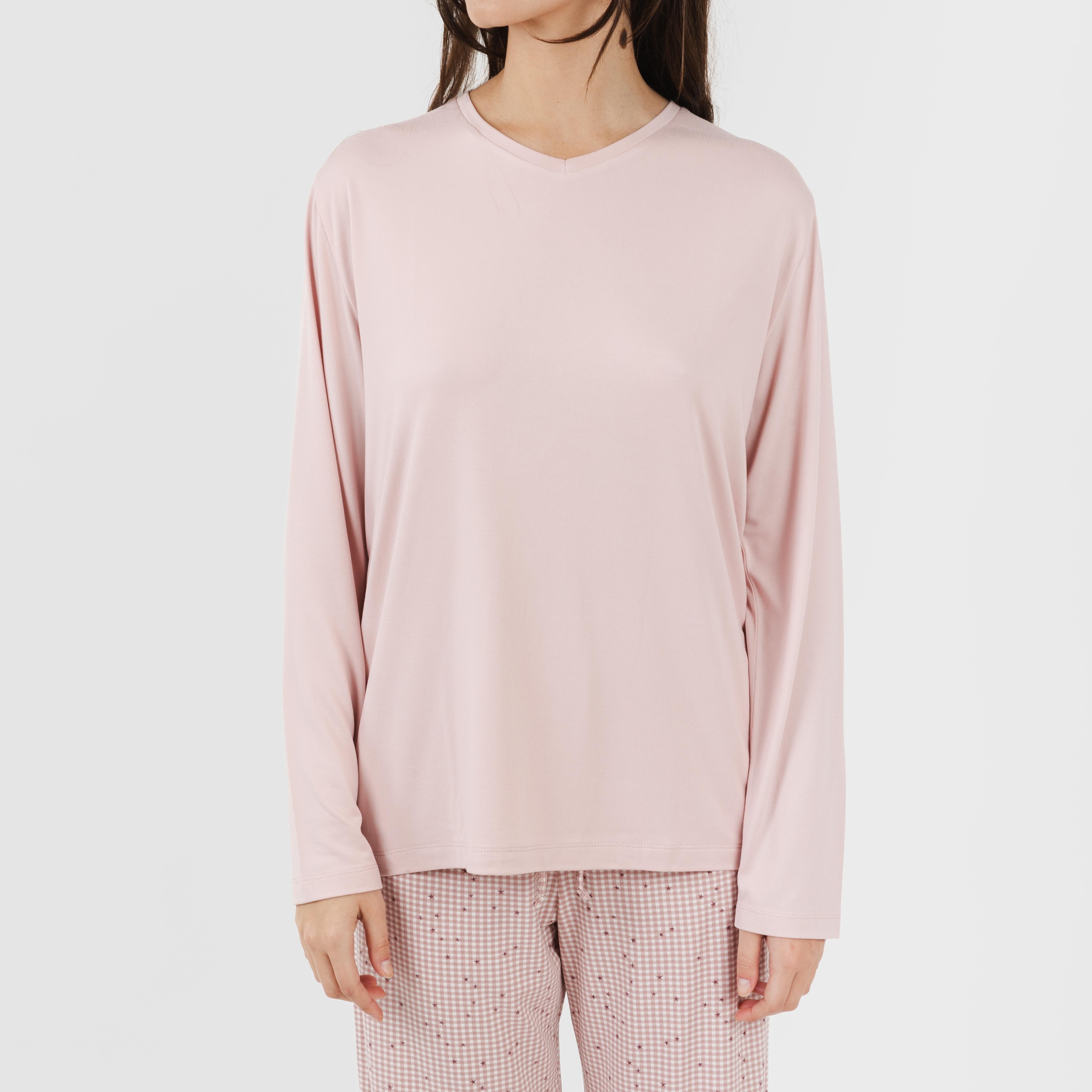 Pijama comprido feminino macio, cor rosa claro Maya