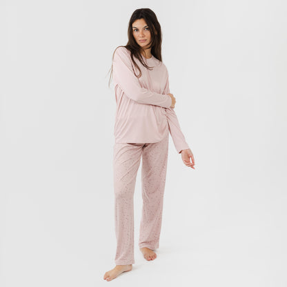 Pijama comprido feminino macio, cor rosa claro Maya