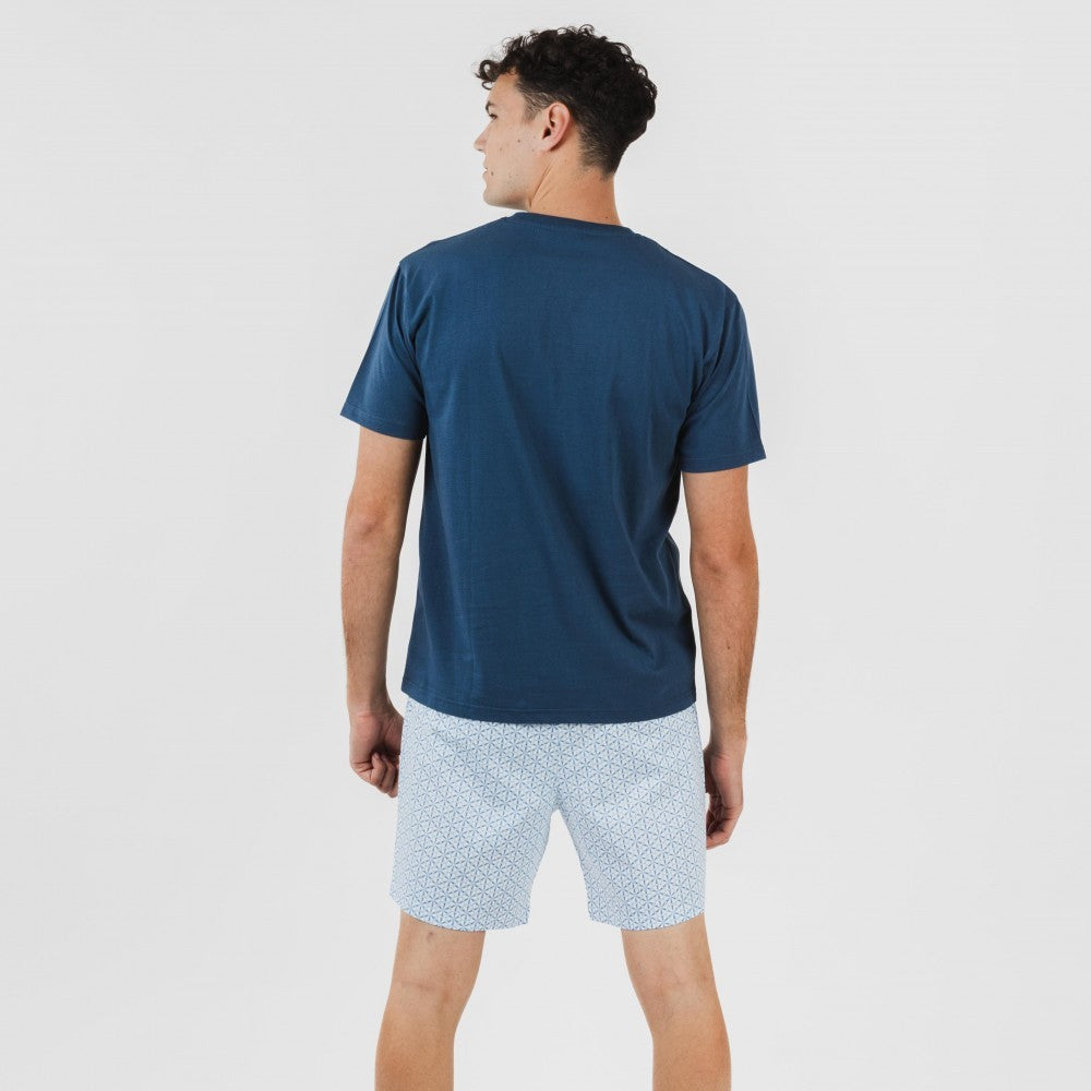 Pijama curto masculino Timon, de algodão, azul