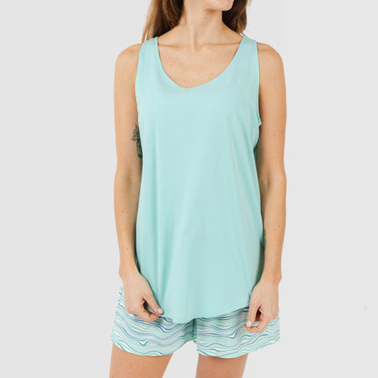 Pijama curto de algodão, estampa de ondas verde-água