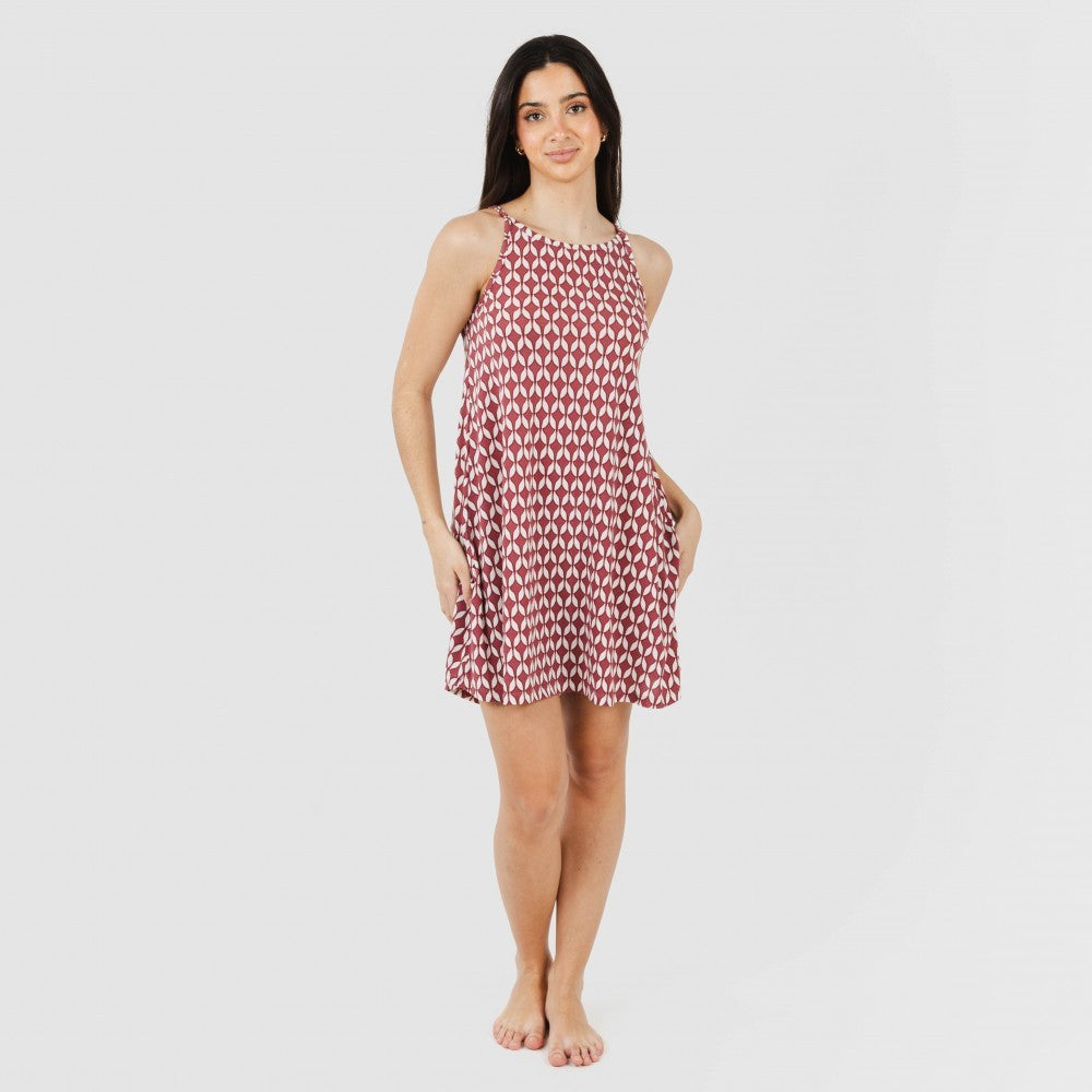 Vestido curto Alino sem alças em crepe cor berinjela com alças finas.