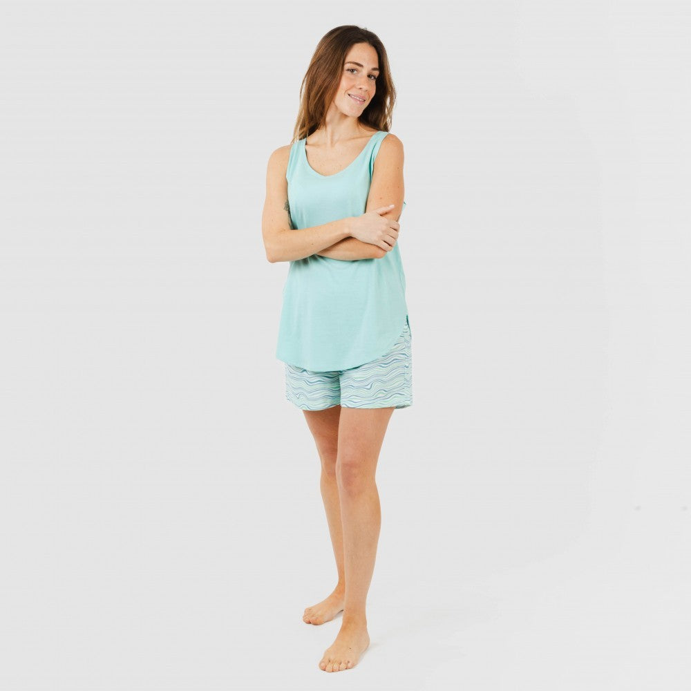 Pijama curto de algodão, estampa de ondas verde-água
