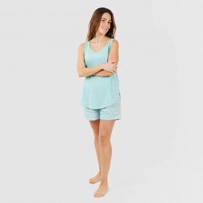 Pijama curto de algodão, estampa de ondas verde-água