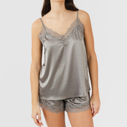 Pijama feminino de cetim com suspensórios, liso, sexta-feira