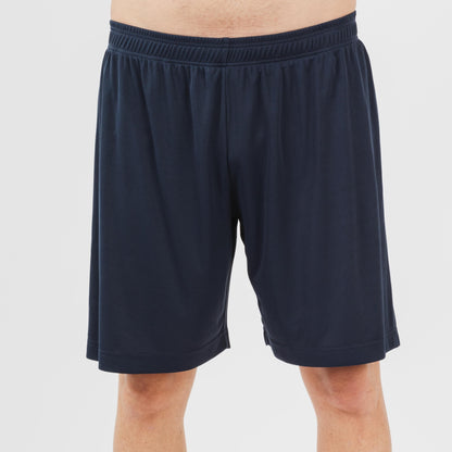 Conjunto esportivo curto masculino, em tons de vinho e azul-marinho.