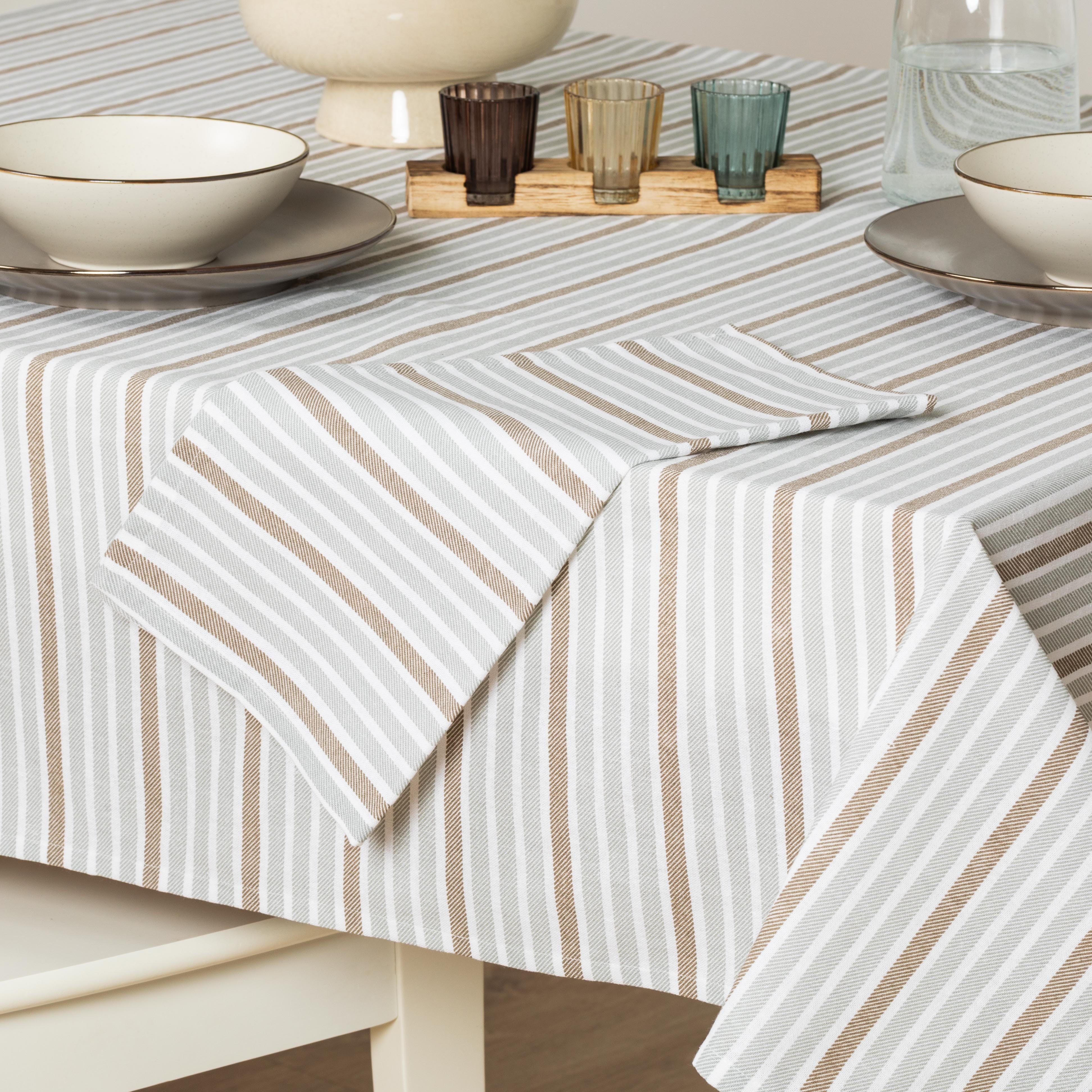 Toalha de mesa Guti cinza listrada e resistente a manchas