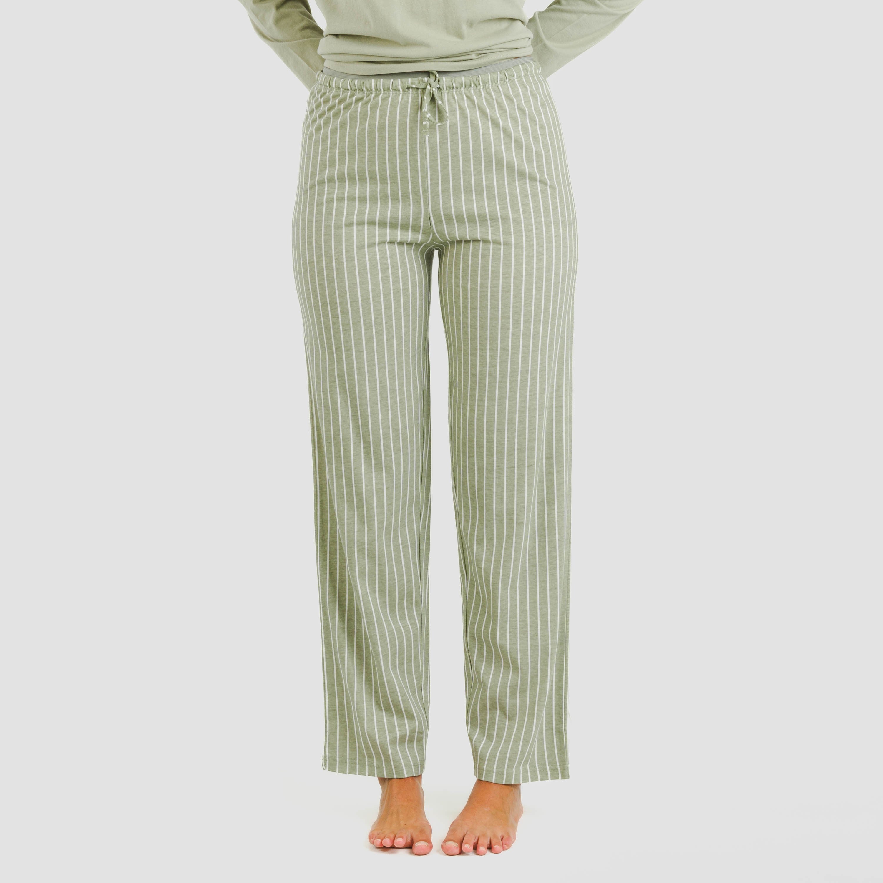 Pijama comprido listrado verde Beatrice em algodão para caça.