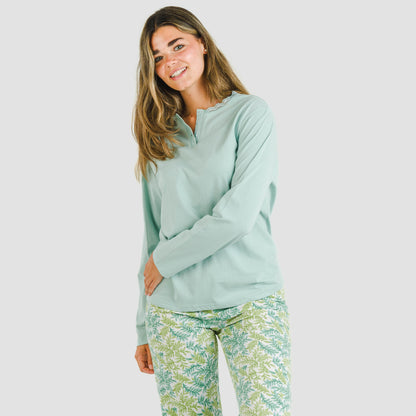 Pijama longo de algodão Zafra, cor verde-azulado