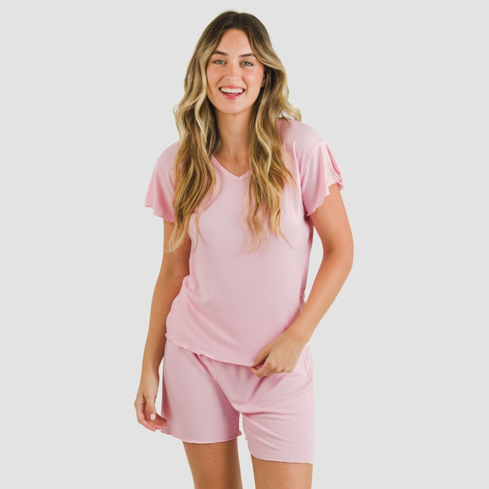 Pijama feminino de manga curta em tecido canelado de viscose liso.